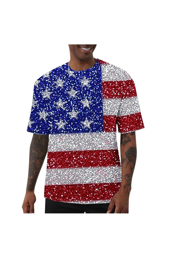 USA Shirts for Men: American Flag Sequin T-Shirt 4th of July Patriotic Bling Short Sleeve Tee Shirt Big and Tall Size S-5XL White