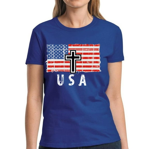 USA Shirts for Women - 4th of July American Flag Cross Christian Tee