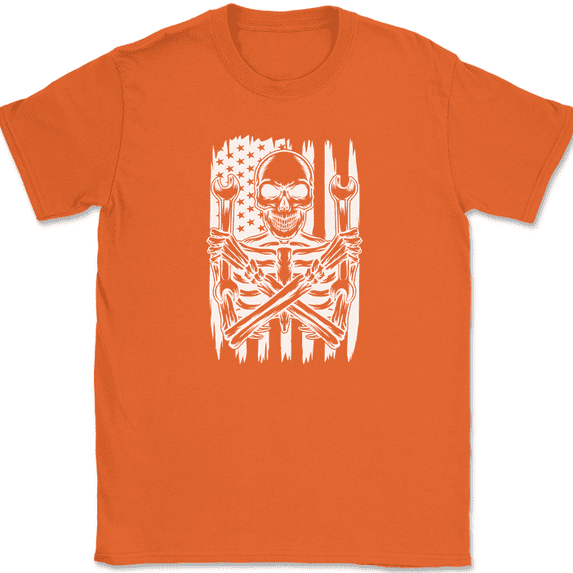 USA Skull Mechanic T-Shirt America Skeleton Fixer Handy Man Gift Tee - Orange, M