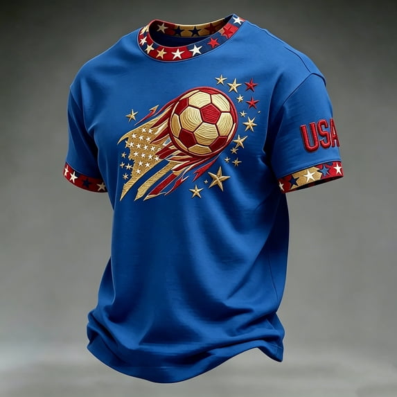 USA Soccer Jersey Men 2026 Soccer Shirt 2D Graphic Crew Neck Short Sleeve Summer Tee Blue XXXL