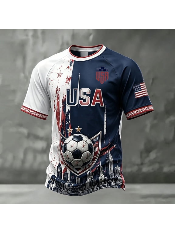USA Soccer Jersey Shirts for Men 2026 Country Team Short Sleeve Crew Neck Fan International Football Shirt Retro Streetwear Top, Blue L