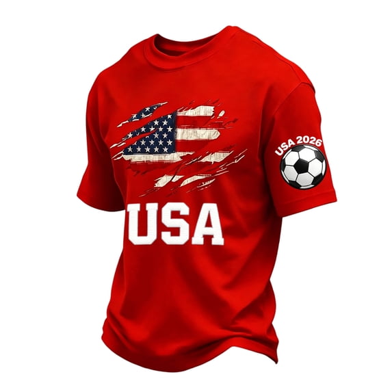 USA Soccer Jersey T-Shirt for Men 2026 World Soccer Game National Team 2D Graphic Crew Neck Short Sleeve Tee Red XXXXL