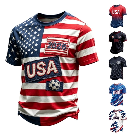 USA Soccer T-Shirt for Men 2026 Football Match Fan Jersey with Patriotic Geometric Print Red White Blue Crew Neck Short Sleeve Tee Athletic Fit Casual Top for Match Day and Everyday Wear