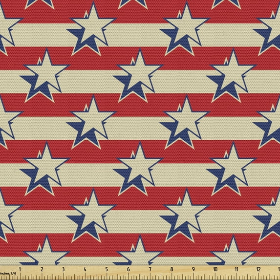 Ambesonne USA Fabric by the Yard Upholstery, Retro Independence Poster, 5 Yards, Eggshell Red Navy Blue