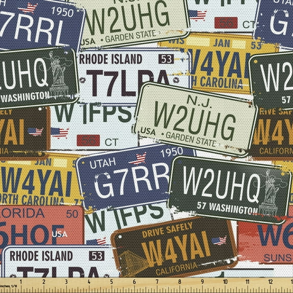 Ambesonne USA Fabric by the Yard Upholstery, Retro Auto License Plates, 10 Yards, Multicolor