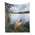 thumbnail image 1 of USA Soft Flannel Fleece Blanket, Canoe on the Shore of a Northern Minnesota Lake During Autumn Relaxation Vacation Time, Cozy Plush for Indoor and Outdoor Use, 60" x 80", Multicolor, by Ambesonne, 1 of 5
