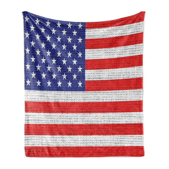 USA Soft Flannel Fleece Blanket, Fourth of July Independence Day Burlap Looking Retro Vintage Country Pastel Color, Cozy Plush for Indoor and Outdoor Use, 60" x 80", Blue Red White, by Ambesonne