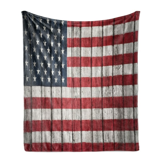 USA Soft Flannel Fleece Throw Blanket, Fourth of July Independence Day National Democracy Artwork Rough Wood Print, Cozy Plush for Indoor and Outdoor Use, 50" x 70", Dark Blue White Red, by Ambesonne