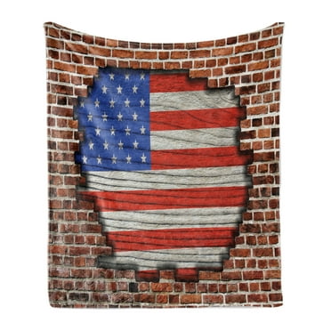 USA Soft Flannel Fleece Throw Blanket, Fourth of July Independence Day Vintage Brick Wall Rustic Architecture Backdrop, Cozy Plush for Indoor and Outdoor Use, 50" x 70", Blue Red Brown, by Ambesonne