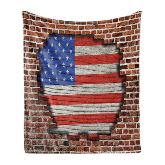 USA Soft Flannel Fleece Throw Blanket, Fourth of July Independence Day Vintage Brick Wall Rustic Architecture Backdrop, Cozy Plush for Indoor and Outdoor Use, 60" x 80", Blue Red Brown, by Ambesonne