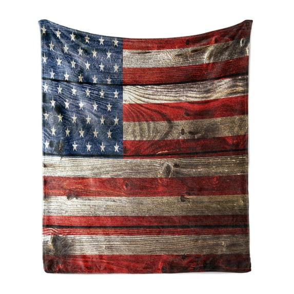 USA Soft Flannel Fleece Throw Blanket, Fourth of July Independence Day Weathered Retro Wood Wall Looking Country Emblem, Cozy Plush for Indoor and Outdoor Use, 50" x 60", Red Blue Tan, by Ambesonne