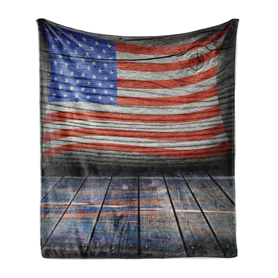 USA Soft Flannel Fleece Throw Blanket, Fourth of July Independence Day Wooden Rustic Floor Log View Wall Rippled Image, Cozy Plush for Indoor and Outdoor Use, 70" x 90", Blue Red Umber, by Ambesonne