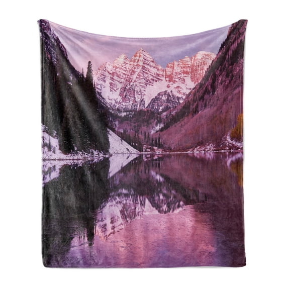 USA Soft Flannel Fleece Throw Blanket, Maroon Bells and Lake with a Reflection Snowy Violet Tones, Cozy Plush for Indoor and Outdoor Use, 70" x 90", Dried Rose Lavender, by Ambesonne