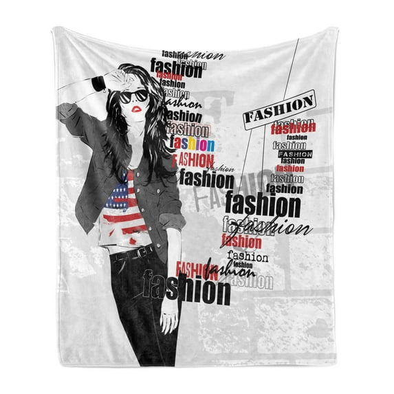 USA Soft Flannel Fleece Throw Blanket, Modern Teen Girl with USFlag T-shirt Fashion Obsession Beauty in the Street, Cozy Plush for Indoor and Outdoor Use, 60" x 80", White Black Red, by Ambesonne
