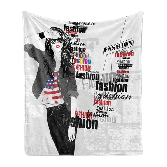 USA Soft Flannel Fleece Throw Blanket, Modern Teen Girl with USFlag T-shirt Fashion Obsession Beauty in the Street, Cozy Plush for Indoor and Outdoor Use, 70" x 90", White Black Red, by Ambesonne