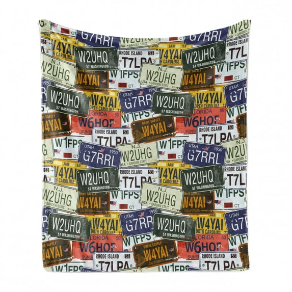 USA Soft Flannel Fleece Throw Blanket, Retro American Auto License Plates Utah Washington Rhode Island North Carolina Print, Cozy Plush for Indoor and Outdoor Use, 60" x 80", Multicolor, by Ambesonne