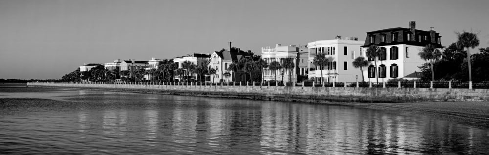 USA South Carolina Charleston View of buildings along the waterfront (Black And White) Canvas Art - Panoramic Images (36 x 12)