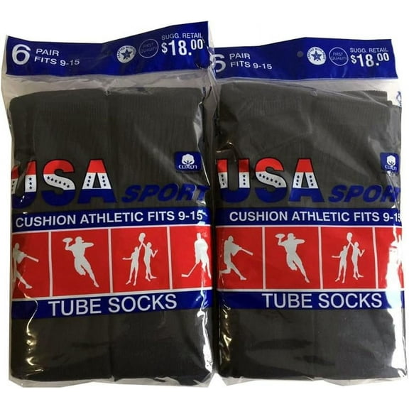 USA Sport Men's Black Cotton Athletic Tube Socks Size 9-15