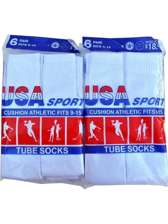 USA Sport Men's White Cotton Athletic Tube Socks Size 9-15 (White, 12}