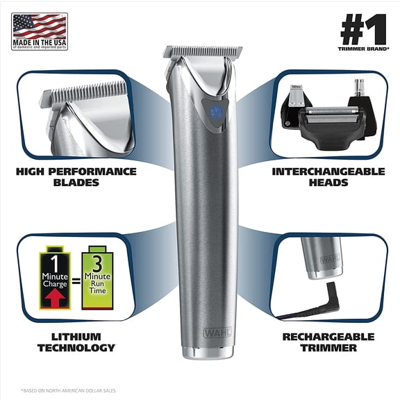 USA Stainless Steel Lithium Ion 2.0+ Beard Trimmer for Men - Electric Shaver & Nose Ear Rechargeable All in One Men's Grooming Kit Model 9864SS