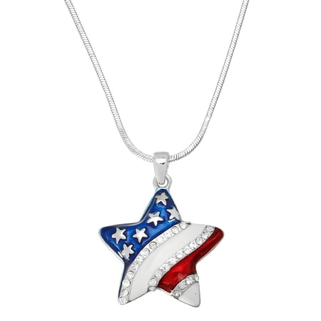 USA Star Pendant Necklace or Earring Rhinestone Crystal Rhodium Plated 17 Inch Snake Chain J0328
