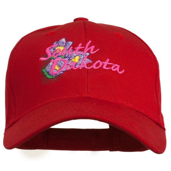 USA State South Dakota Pasque Flower Embroidered Organic Cotton Cap - Red OSFM