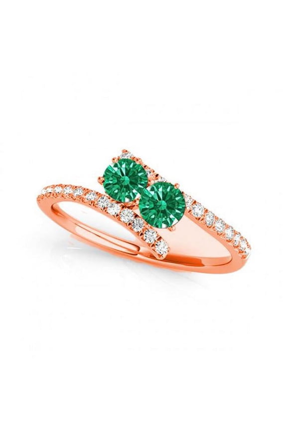 R781-EM-D-.25-14R-vs-2 0.25 14K Rose Gold Emerald Two Stone Rings, vs-2 Round