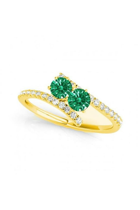 R781-EM-D-.50-14Y-i-1 0.5 14K Yellow Gold Emerald Two Stone Rings, i-1 Round