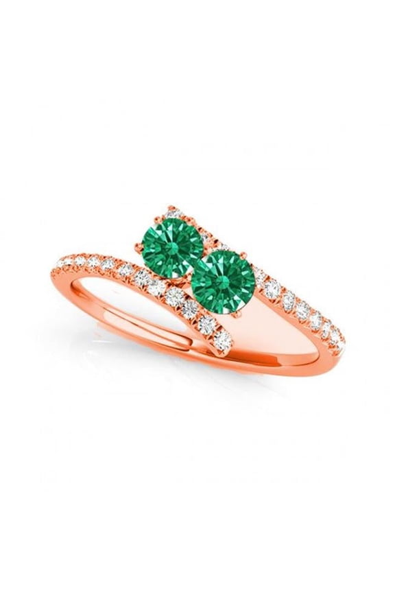 R781-EM-D-.75-14R-vs-2 0.75 14K Rose Gold Emerald Two Stone Rings, vs-2 Round
