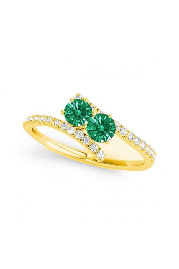 R781-EM-D-.75-14Y-vs-2 0.75 14K Yellow Gold Emerald Two Stone Rings, vs-2 Round