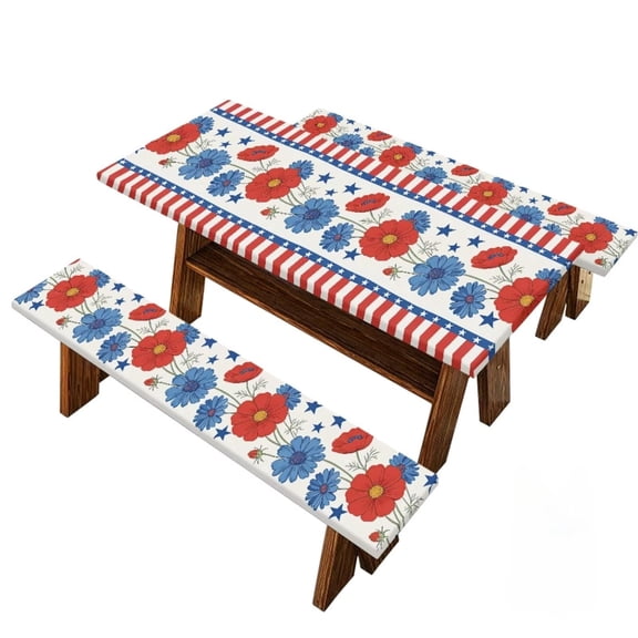 USA Style Floral Print Picnic Table Cover With Bench Covers 6Ft 3Pcs, Camping Essentials, Fitted Camping Tablecloth Waterproof With Elastic Edge For Indoor Outdoor Patio 60in x 30in