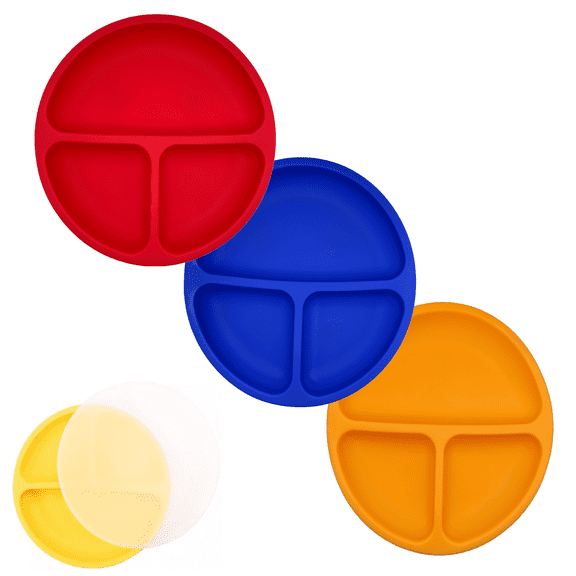 USA Baby Plates, Toddler Plates with Strong Suctions, 100% Silicone, Divided Design with Lids, Perfect for Picky Eaters, 3 Pack