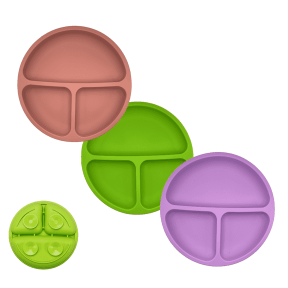 USA Baby Plates, Toddler Plates with Strong Suctions, 100% Silicone, Divided Design with Lids, Perfect for Picky Eaters, 3 Pack
