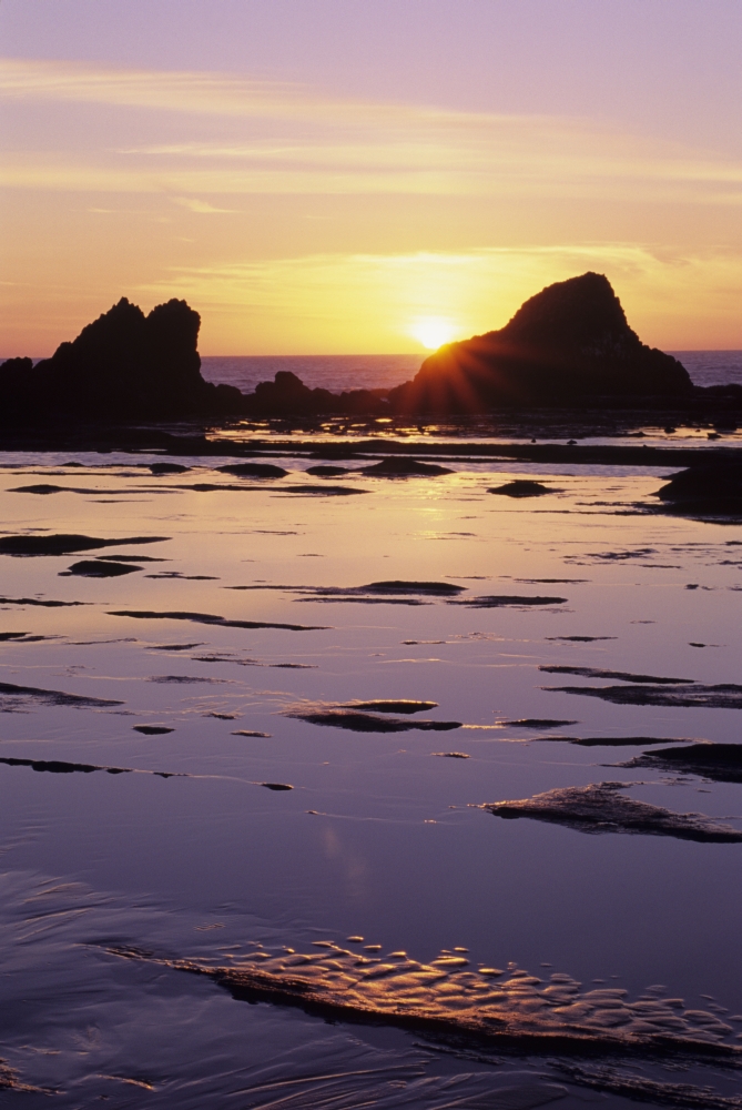 USA Sun Setting Over Rocks And Beautiful Reflections Oregon Seal Rock Canvas Art - Greg Vaughn Design Pics (11 x 17)