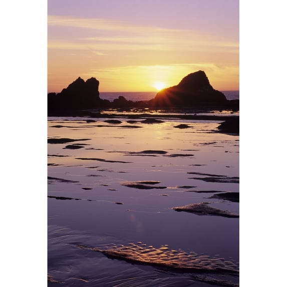 USA Sun Setting Over Rocks And Beautiful Reflections; Oregon Seal Rock Poster Print