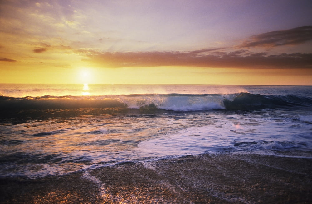 USA Sunset Illuminates Ocean Hawaii Islands Beautiful Wave Crashing On Shoreline Canvas Art - Peter French  Design Pics (18 x 11)