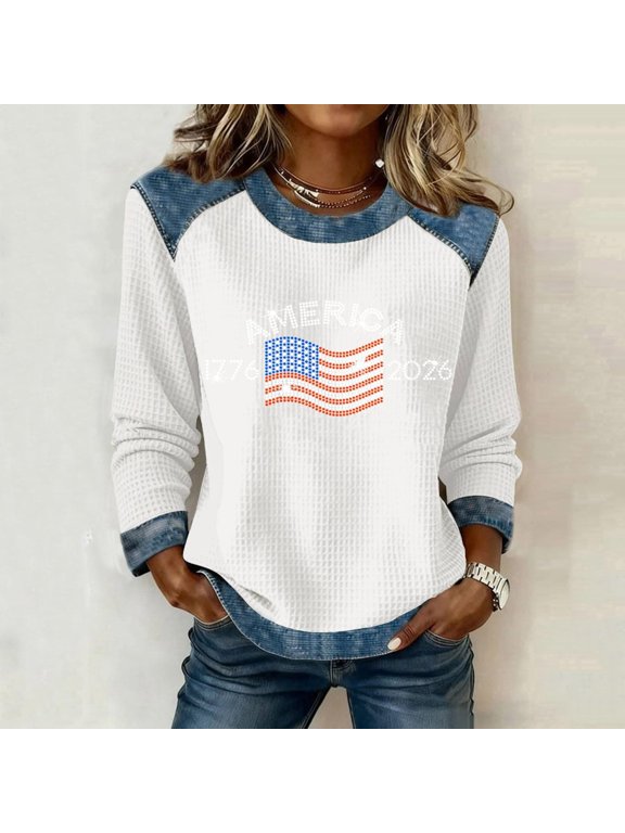 USA Sweatshirt Women Long Sleeve Crewneck Flag Print Denim Splice Casual Hoodless Top Holiday White XXXL