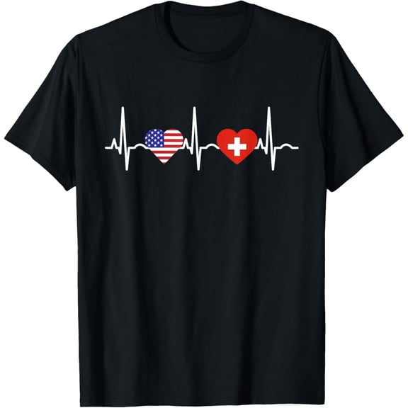 USA Switzerland Design Heartbeat Swiss America Flag Heart T-Shirt