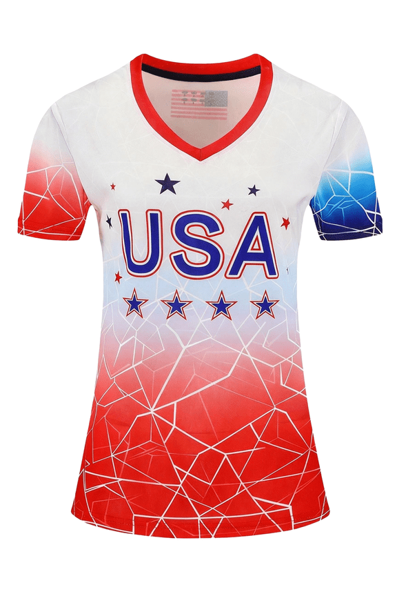USA T-Shirts for Women Soccer Outdoor Shirt Athletic Slim Activewear Summer Tops Training V Neck Tops Red M