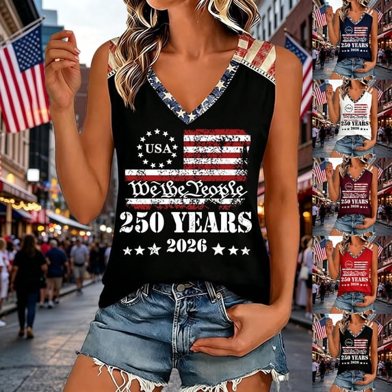 USA Tank Top Women Casual Independence Day Print Sleeveless Summer Top 250 Anniversary USA Tshirt Red XXXL