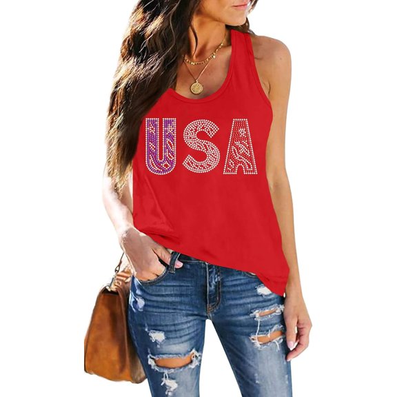 USA Tank Tops Women: Flag Sequin Tank Patriotic Shirts 4th of July Sleeveless T Shirt Summer Casual Bling Tops