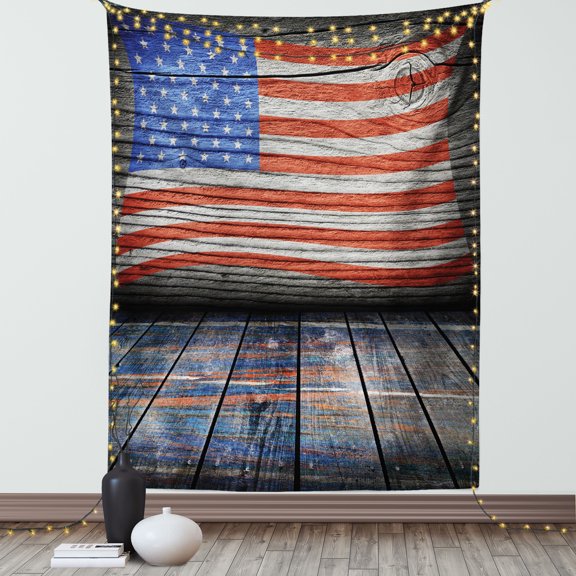 USA Tapestry, Fourth of July Independence Day Wooden Rustic Floor Log View Wall Rippled Image, Wall Hanging for Bedroom Living Room Dorm Decor, 40W X 60L Inches, Blue Red Umber, by Ambesonne