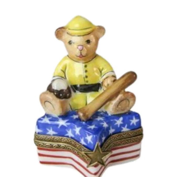 USA Teddy Bear Baseball Figurine Limoges Box Porcelain Figurine