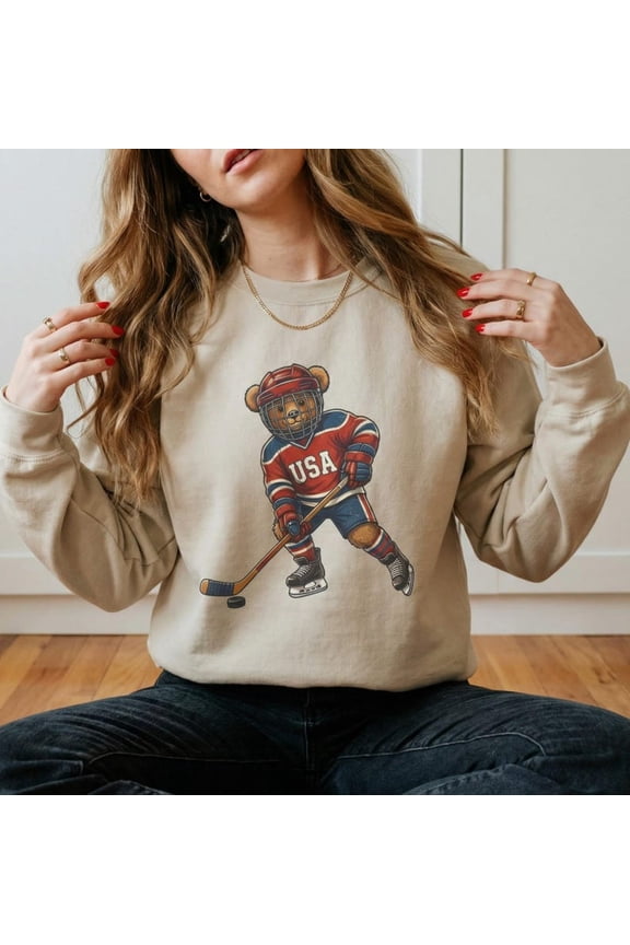USA Teddy Bear Sweatshirt, Winter Hockey Crewneck, Ice Hockey Fan Sweater, Cute Hockey Bear Sweater