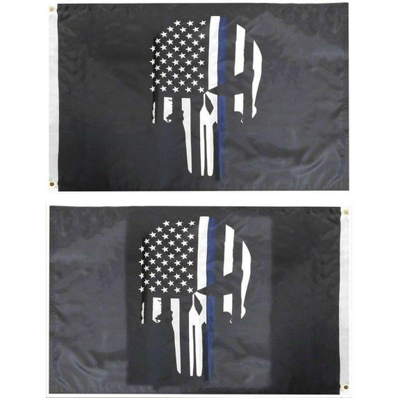 USA Thin Blue Line Demon Skull 100D Woven Poly Nylon 2-Sided 3x5 3'x5' Flag