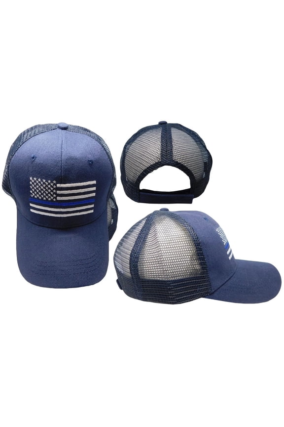USA Thin Blue Line Navy Blue Mesh Trucker Acrylic Adjustable Embroidered Hat Cap