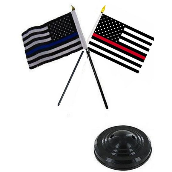 USA Thin Police Blue & Fire Thin Red Line 4"x6" Flag Desk Set Stick Black Base