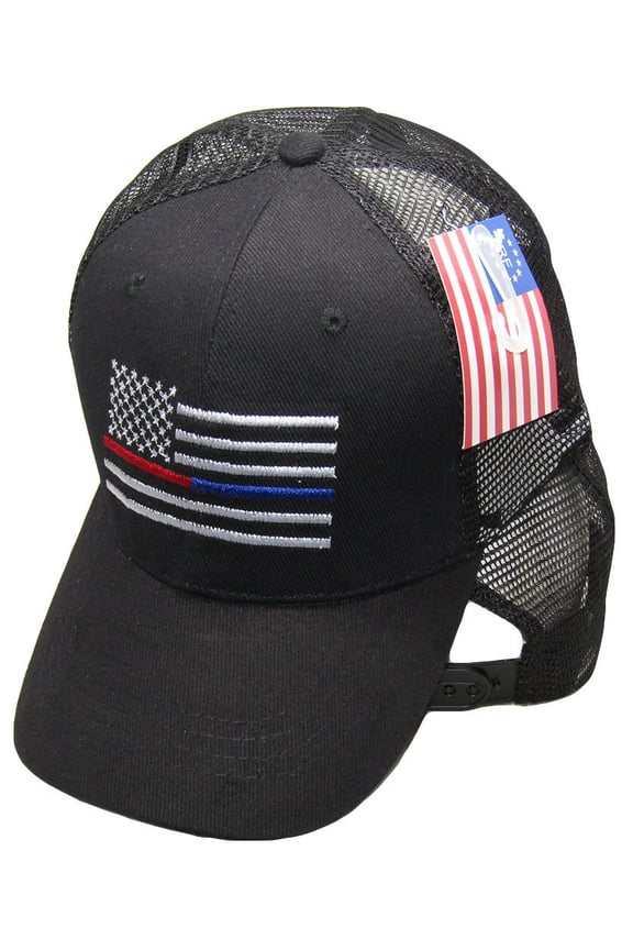 USA Thin Red Blue Line First Responders Mesh Trucker Black Embroidered Cap Hat