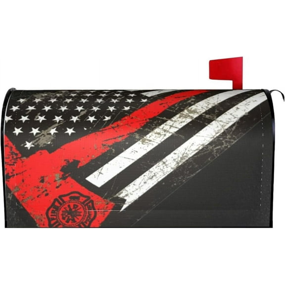 USA Thin Red Line Firefighter Axe Pattern Magnetic Mailbox Cover Waterproof MailWraps Letter Box Cover for Garden Yard Outdoor Decor Standard Size - 21 x 18 in