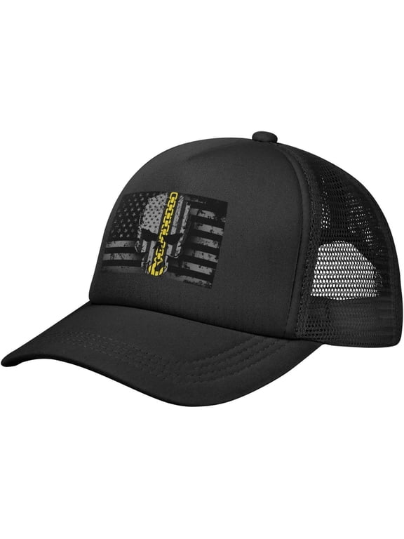 USA Thin Yellow Line Flag Skull Emergency Dispatcher Tow Truck Driver Operator Vintage Baseball Cap Adjustable Casual Mesh Hats Duck Tongue Hat for Men Women50, Black